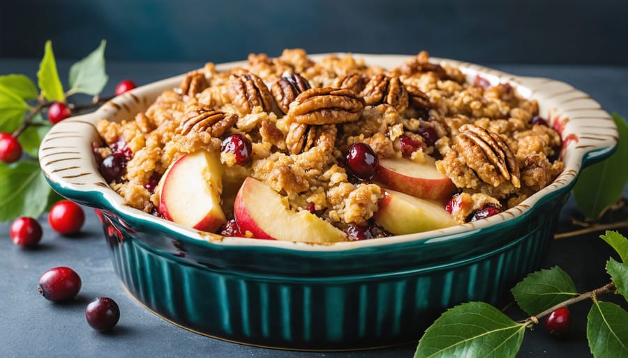 Bubbling apple-cranberry crisp topped with golden-brown pecan streusel