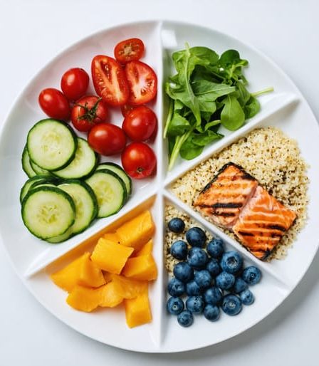 A plate artfully arranged with a variety of colorful vegetables, whole grains, and lean protein, representing a balanced and nutritious meal concept.