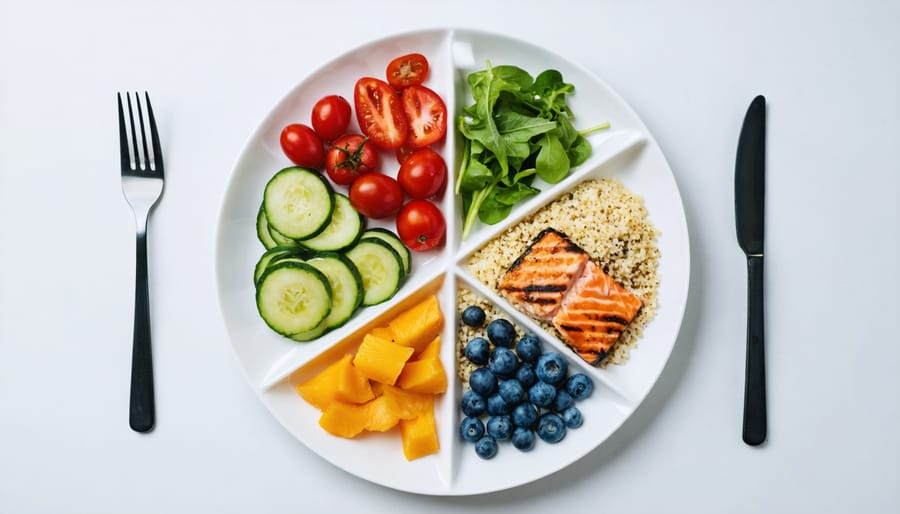 A plate artfully arranged with a variety of colorful vegetables, whole grains, and lean protein, representing a balanced and nutritious meal concept.