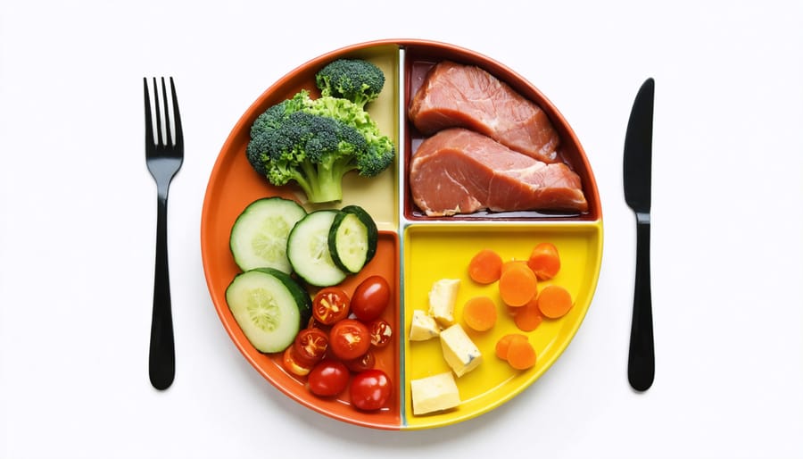 A balanced plate showing recommended portions of different food groups