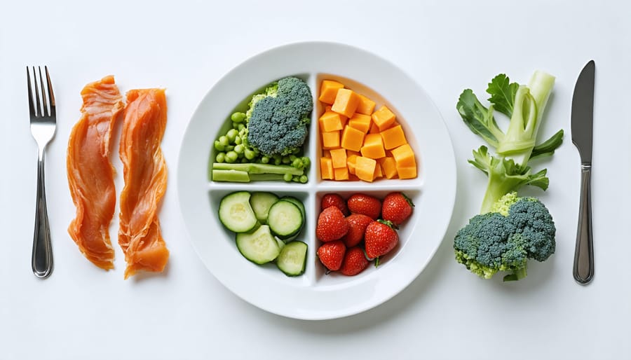 A balanced meal plate divided into sections: one-quarter protein, one-quarter whole grains, and half vegetables of various colors