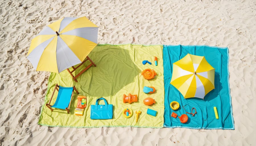 Complete family beach day packing essentials displayed on a beach blanket