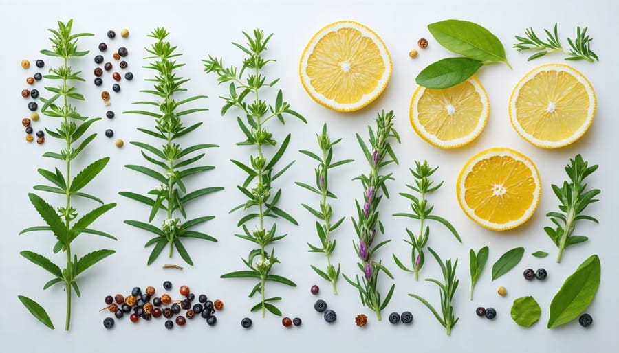 Fresh herbs, flowers, and botanical ingredients arranged on a wooden surface