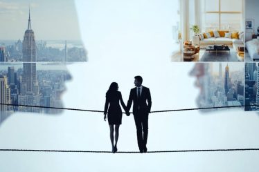 Conceptual illustration of a couple balancing on a tightrope, representing the challenge of managing dual careers and personal relationships, with blurred city and home backgrounds.