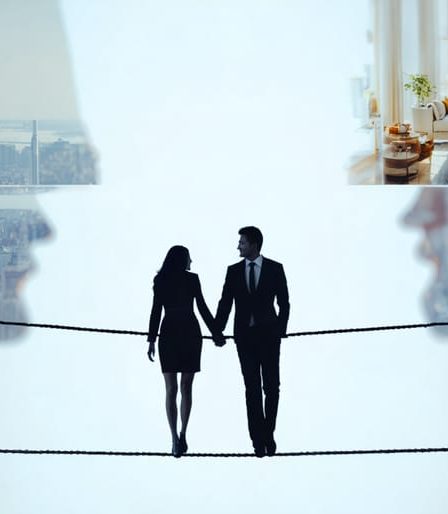 Conceptual illustration of a couple balancing on a tightrope, representing the challenge of managing dual careers and personal relationships, with blurred city and home backgrounds.