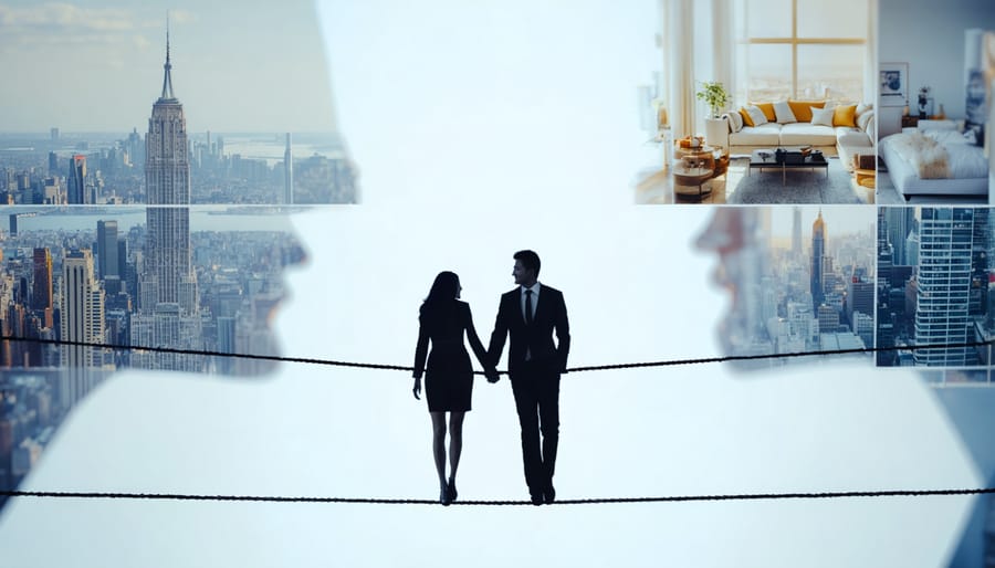 Conceptual illustration of a couple balancing on a tightrope, representing the challenge of managing dual careers and personal relationships, with blurred city and home backgrounds.