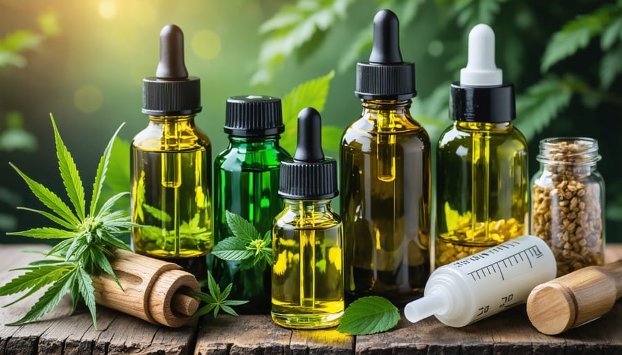 Selection of CBD cooking oils in amber glass bottles with precise droppers for dosing