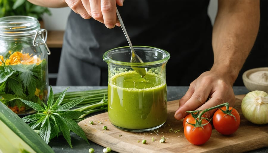 Hands whisking CBD oil into a homemade vinaigrette with herbs and olive oil