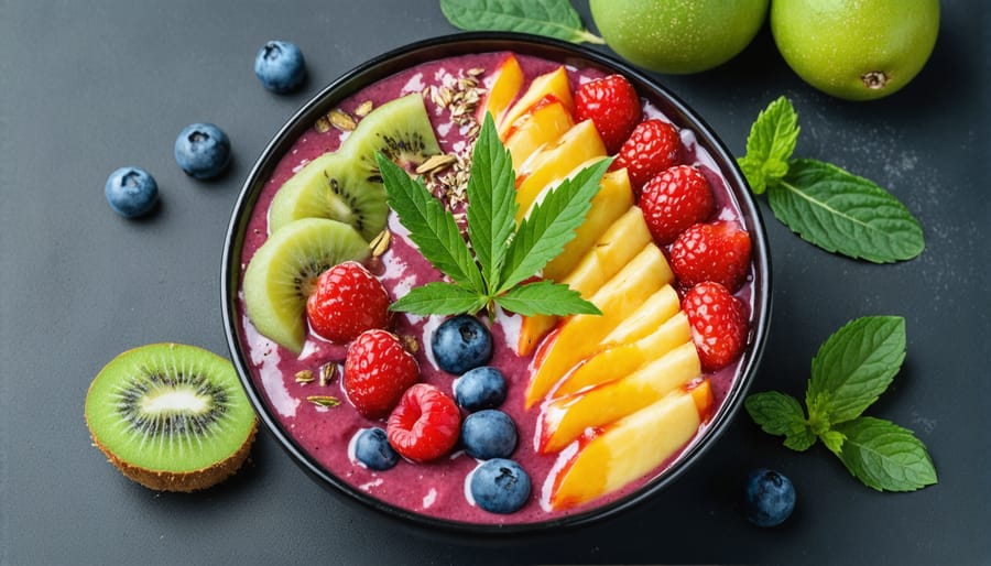 Colorful smoothie bowl topped with berries, granola, and CBD oil drizzle