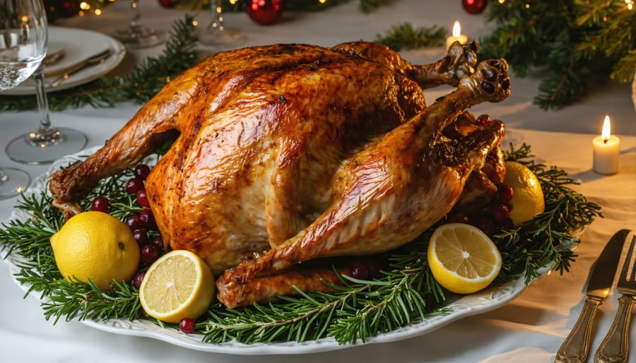 Golden-brown roasted turkey garnished with fresh herbs and orange slices on a festive holiday platter