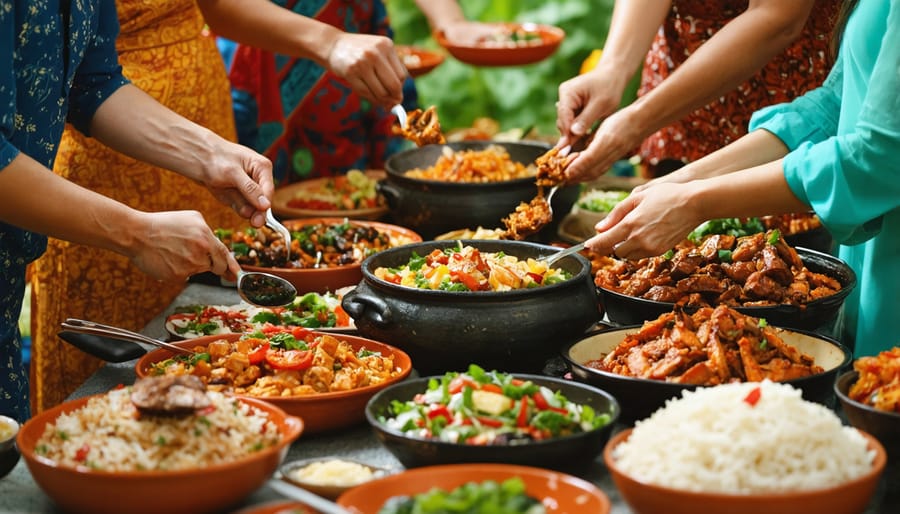 Multicultural gathering of people sharing traditional foods at a long community table