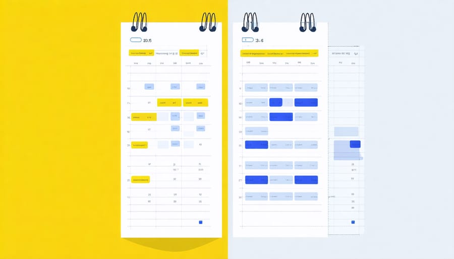 Digital calendars overlapping to show scheduling conflicts between partners' busy professional lives