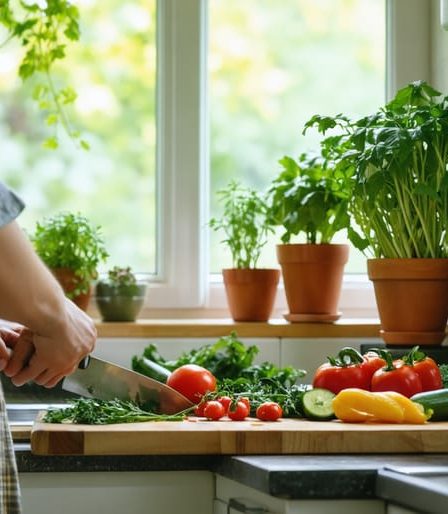 A person mindfully chopping fresh vegetables in a peaceful, well-lit kitchen surrounded by herbs and rustic kitchenware.