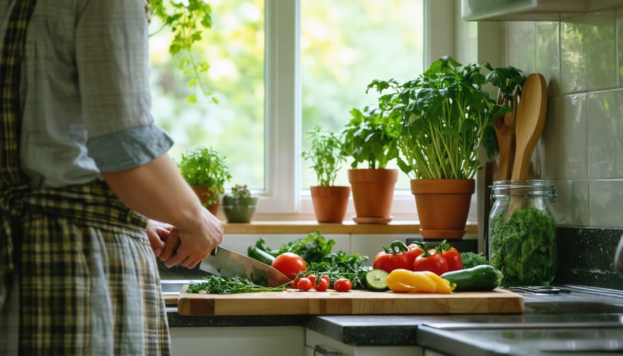 A person mindfully chopping fresh vegetables in a peaceful, well-lit kitchen surrounded by herbs and rustic kitchenware.