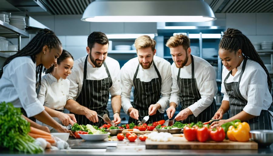 Corporate team members working together to prepare a meal in a professional kitchen