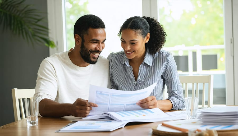 Couple engaged in positive discussion over career planning documents and laptop