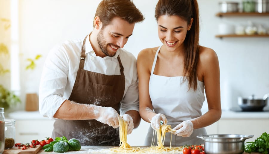 Couple enjoying a hands-on cooking class experience while making fresh pasta