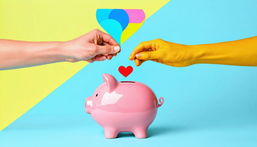 Illustrated concept of couples saving money together with a shared piggy bank