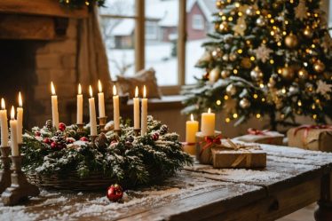 A cozy living room with a traditional German Advent wreath on a table, softly glowing candles, and a decorated Christmas tree in the background. Snow falls outside a window, completing the festive scene.