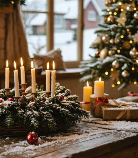 A cozy living room with a traditional German Advent wreath on a table, softly glowing candles, and a decorated Christmas tree in the background. Snow falls outside a window, completing the festive scene.