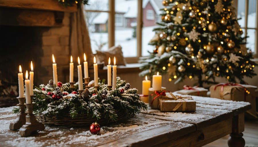 A cozy living room with a traditional German Advent wreath on a table, softly glowing candles, and a decorated Christmas tree in the background. Snow falls outside a window, completing the festive scene.