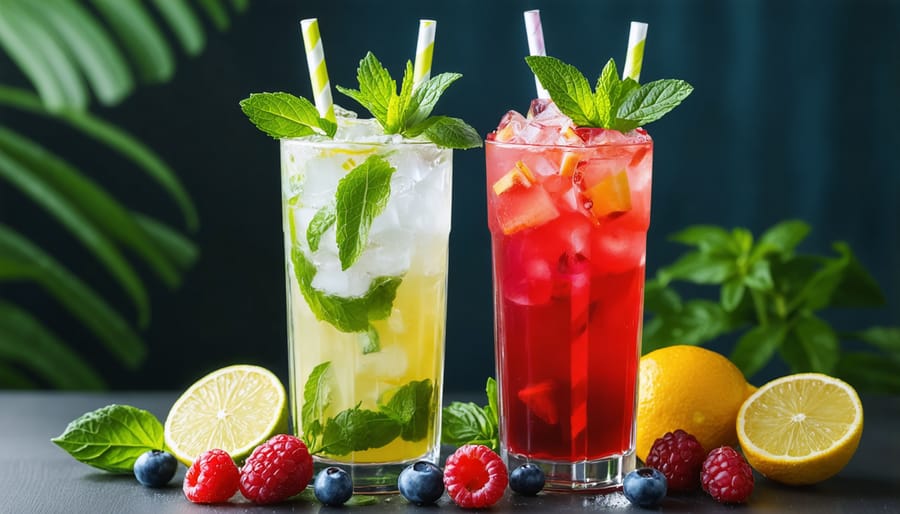 Two elegant mocktails side by side - a mint-garnished Virgin Mojito and a pink Berry Basil Fizz with fresh berries