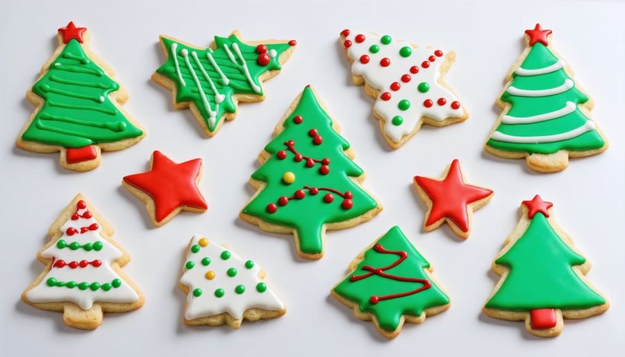 Assortment of decorated Christmas sugar cookies featuring snowflakes, stars, and trees with colorful icing