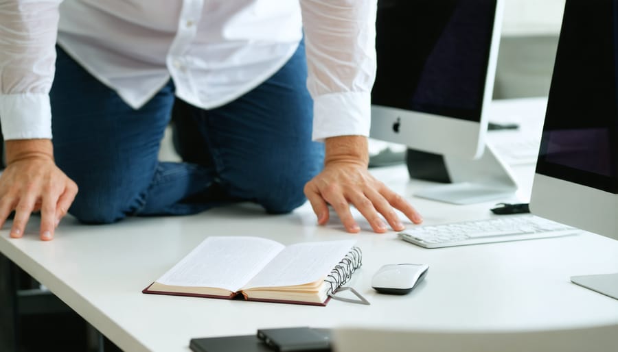 Office worker demonstrating desk-friendly stretching exercises