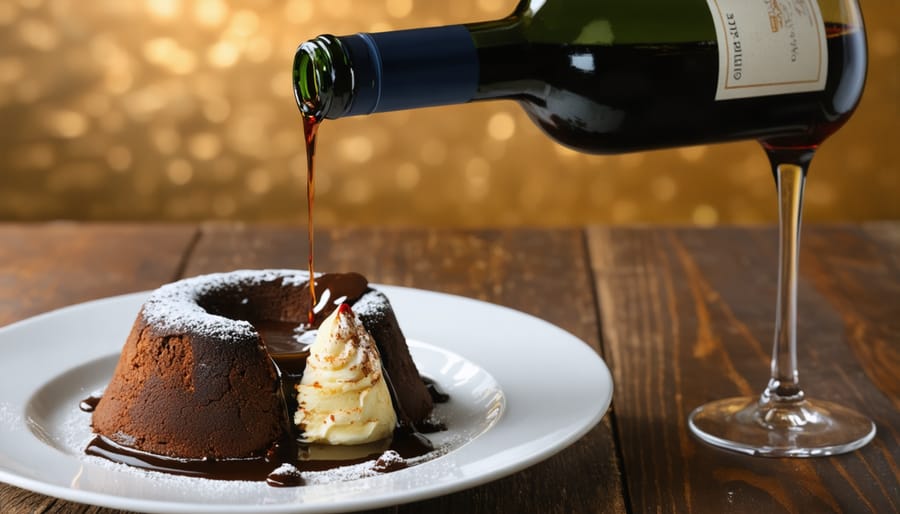 Golden dessert wine being poured into a crystal glass next to a chocolate soufflé