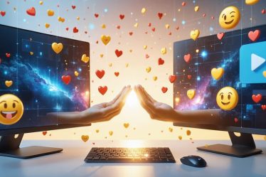 Conceptual artwork depicting two hands reaching out through computer screens, surrounded by floating emojis and hearts, symbolizing virtual connection and love.