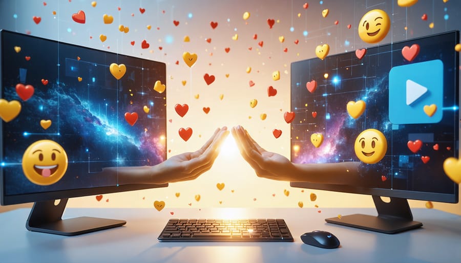 Conceptual artwork depicting two hands reaching out through computer screens, surrounded by floating emojis and hearts, symbolizing virtual connection and love.