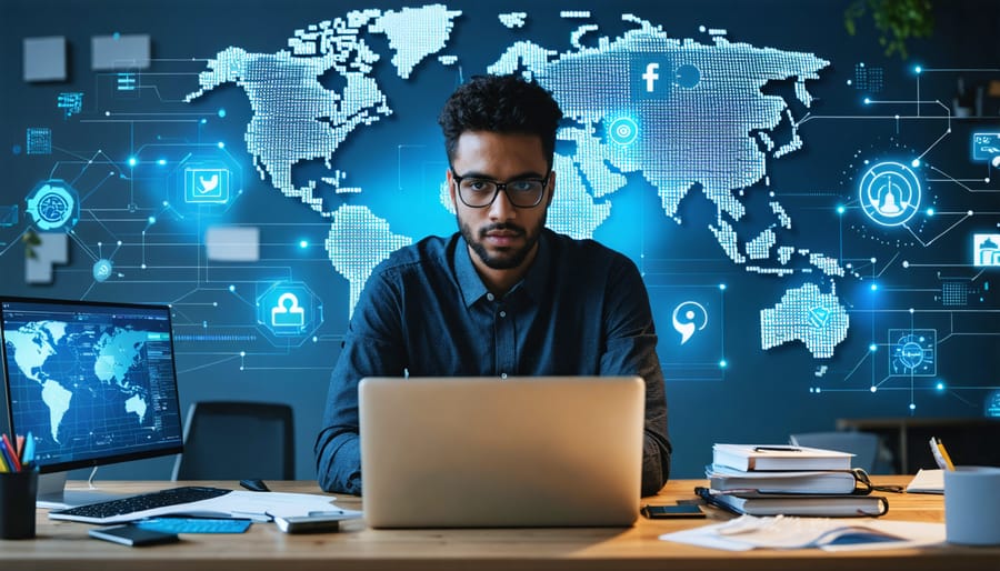 An entrepreneur at a desk using a laptop, surrounded by digital tools and platforms, illustrating the transformation of online business through digital literacy.