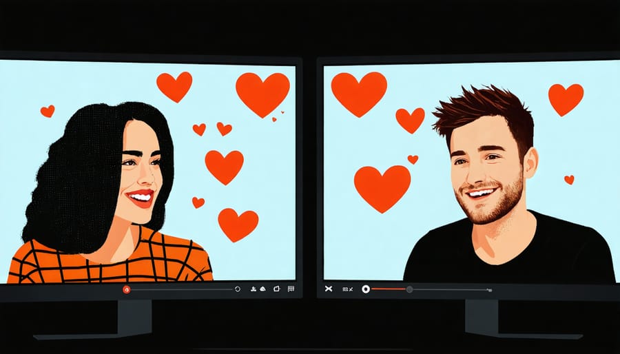 Two people connecting via video chat with digital hearts and emoji symbols between them