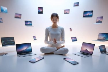 A person peacefully meditating with digital devices nearby, symbolizing the balance between technology use and mindfulness.