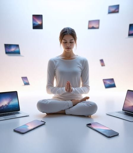 A person peacefully meditating with digital devices nearby, symbolizing the balance between technology use and mindfulness.