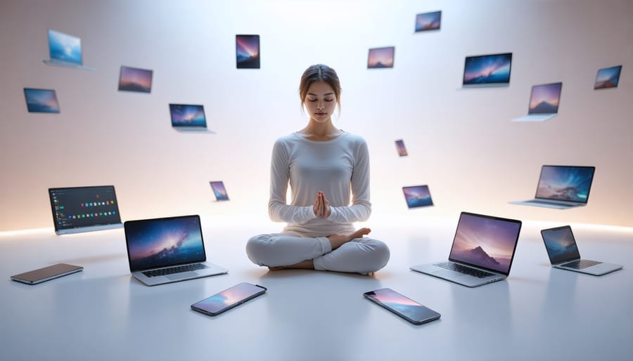 A person peacefully meditating with digital devices nearby, symbolizing the balance between technology use and mindfulness.