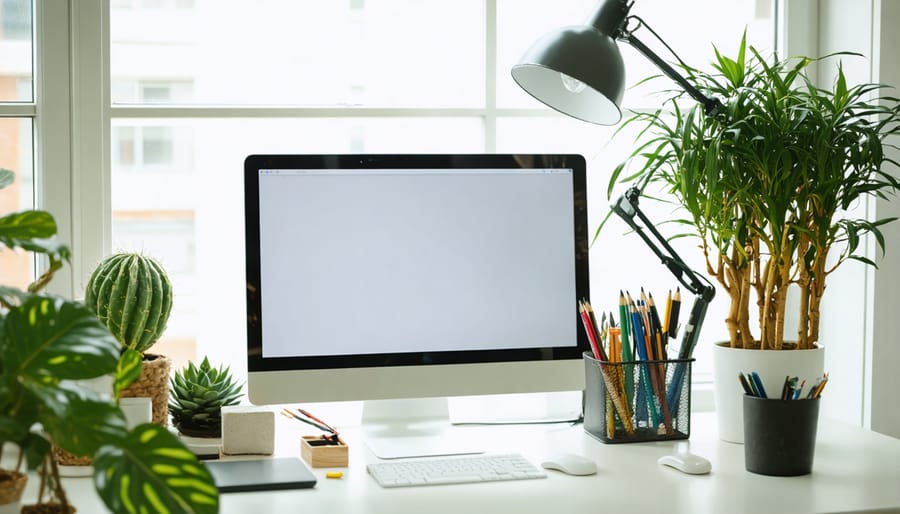 Organized desk space with thoughtfully arranged technology, plants, and natural elements