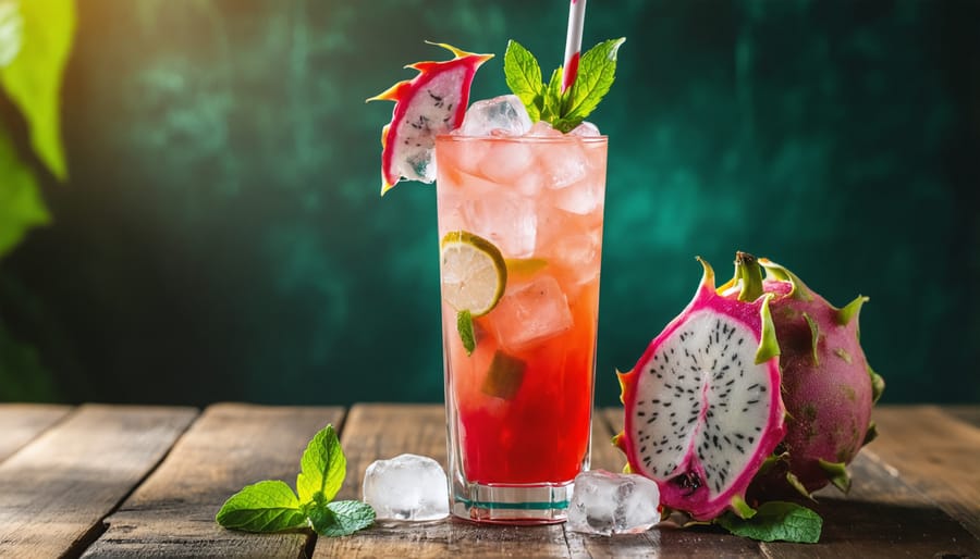 Bright pink dragon fruit lemonade with fresh garnishes and condensation on glass