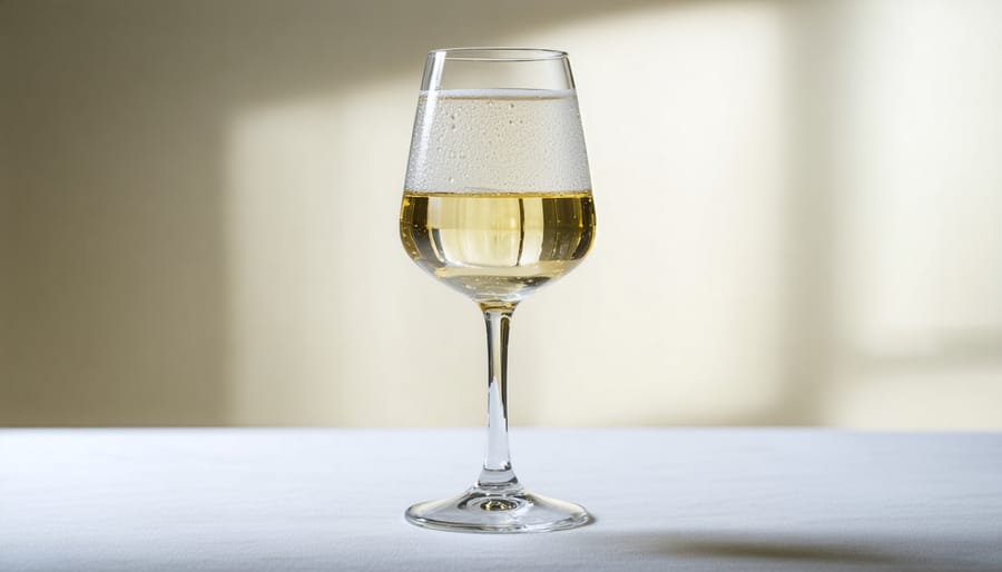 Crystal glass of dry Riesling wine displaying its characteristic pale golden color and clarity