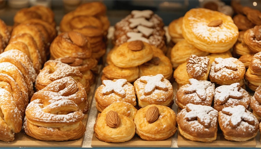 Freshly baked Dutch pastries and cookies arranged in a traditional bakery display case