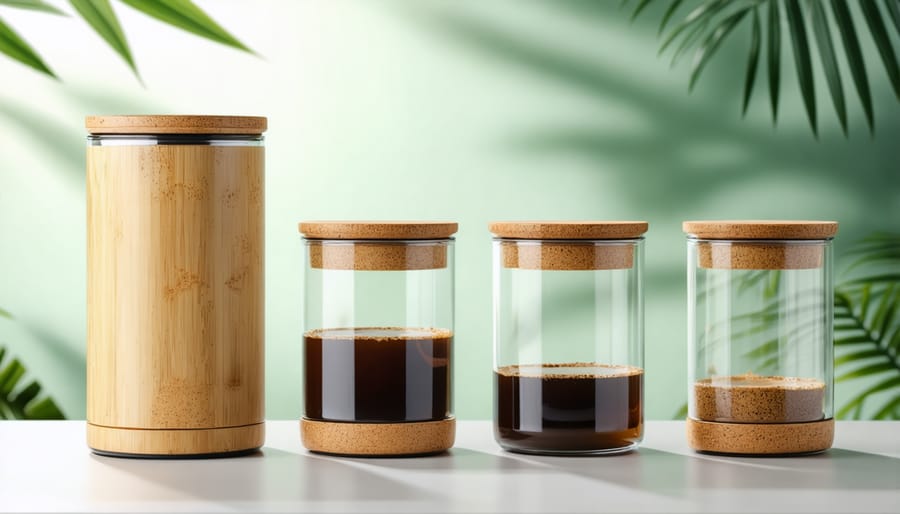 Sustainable coffee storage containers made from bamboo and glass materials