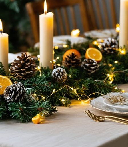 A festive holiday table featuring eco-friendly decorations, including pinecone centerpieces, dried orange garlands, and natural greenery, illuminated by warm LED lights.