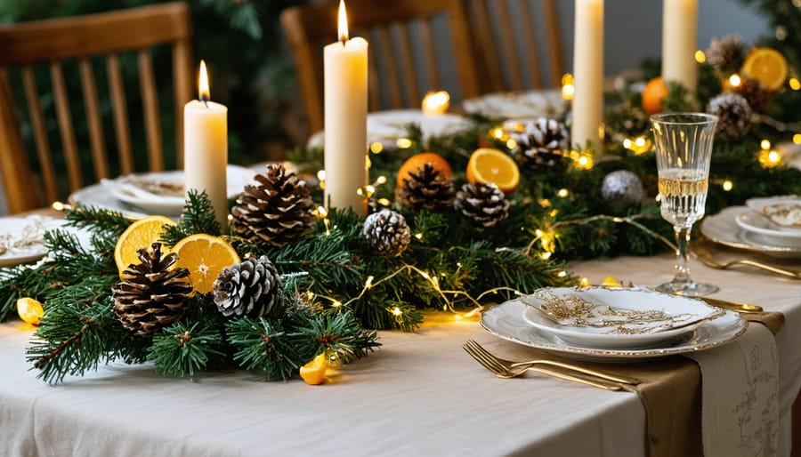 A festive holiday table featuring eco-friendly decorations, including pinecone centerpieces, dried orange garlands, and natural greenery, illuminated by warm LED lights.