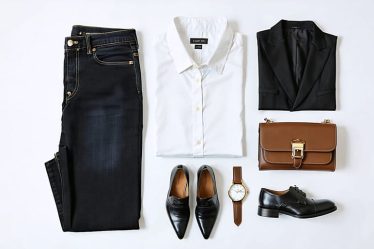 A chic flat lay composition featuring essential wardrobe basics, including a white button-down shirt, dark-wash jeans, a classic blazer, and a little black dress, complemented by simple gold accessories and a structured leather bag.