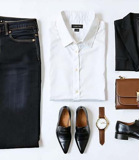 A chic flat lay composition featuring essential wardrobe basics, including a white button-down shirt, dark-wash jeans, a classic blazer, and a little black dress, complemented by simple gold accessories and a structured leather bag.