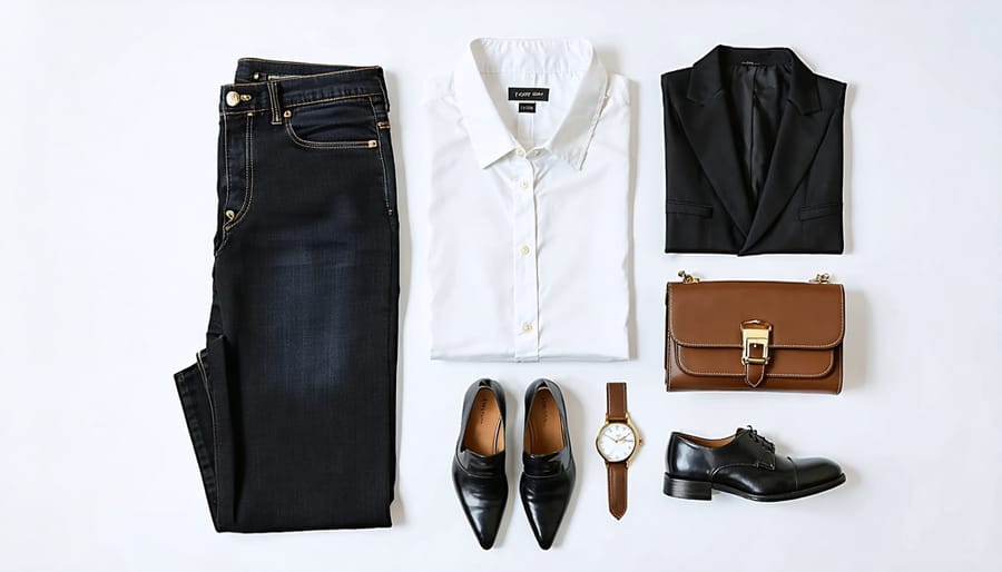 A chic flat lay composition featuring essential wardrobe basics, including a white button-down shirt, dark-wash jeans, a classic blazer, and a little black dress, complemented by simple gold accessories and a structured leather bag.