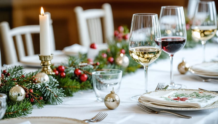 Formal dinner table setting featuring wine glasses, seasonal dishes, and proper placement