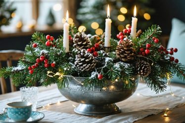 Elegant holiday centerpiece with evergreen branches, red berries, pinecones, and fairy lights in a metallic container.