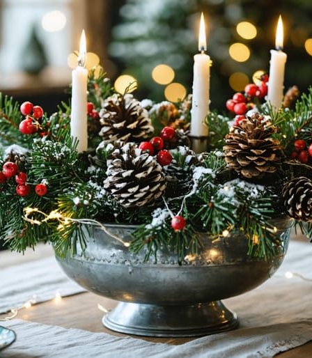 Elegant holiday centerpiece with evergreen branches, red berries, pinecones, and fairy lights in a metallic container.