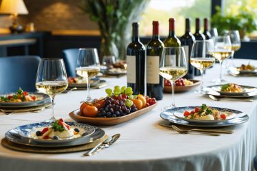 An elegantly set dining table featuring multiple wine glasses, wine bottles, and a variety of plated dishes, showcasing a refined five-course meal experience.